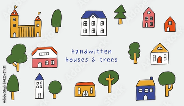 Fototapeta 手書き風の小さな可愛い家と木がある街並み