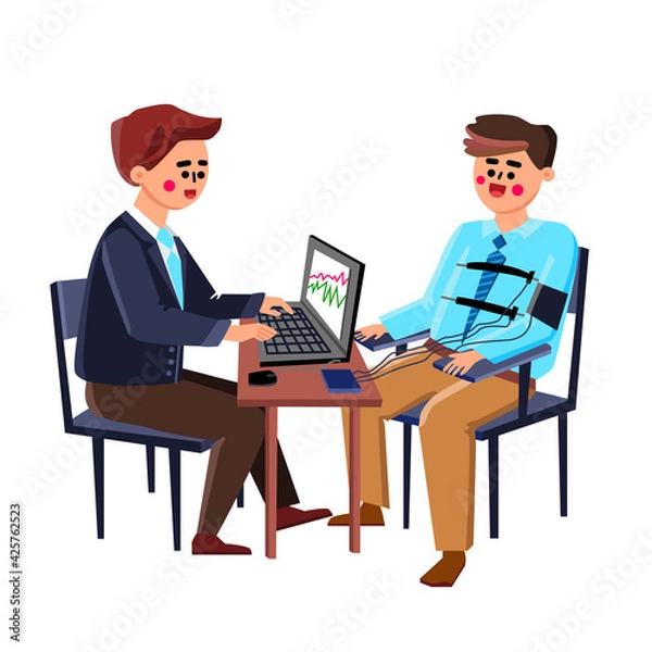Fototapeta Polygraph Test Passing Young Man In Office Vector. Computer Showing Physiological Measures Of Boy Undergoing Lie Detector Polygraph. Character Examining Expert Testing Guy Flat Cartoon Illustration