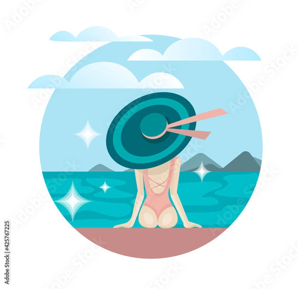 Obraz The girl who sits in a hat and a swimsuit by the sea