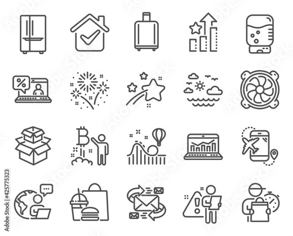 Fototapeta Business icons set. Included icon as Packing boxes, Water cooler, Fireworks signs. Web analytics, Bitcoin project, Baggage reclaim symbols. Travel sea, Refrigerator, Online loan. E-mail. Vector