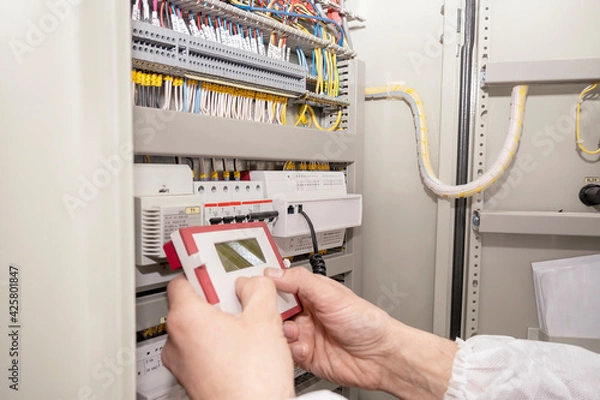 Fototapeta The electrician engineer programs the electrical control circuitry of the electrical system. Smart home. Programming the building ventilation system