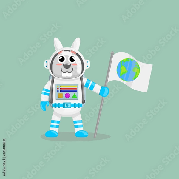Obraz Illustration vector cartoon of cute rabbit astronaut holding a flag with earth logo. Childish cartoon design suitable for product design of children's books, t-shirt, greeting cards etc