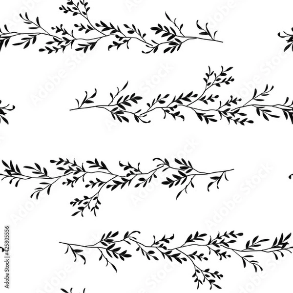 Fototapeta Seamless bitmap of black branches with leaves on a white background, line pattern, isolated. Design for wallpaper, fabrics, textiles.