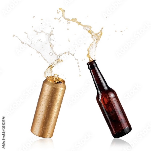 Obraz Brown beer bottle and golden can splash