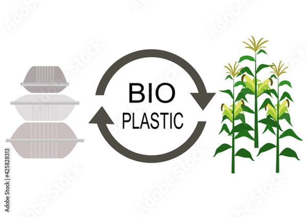 Fototapeta イラスト素材：リサイクル　エコ　バイオマスをわかりやすくイメージしたバイオプラスチックのイラスト（容器）