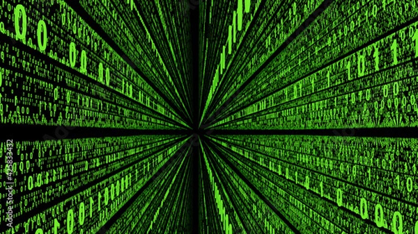 Obraz Green digital bits composed by binary code 0 and 1 that flow away in parallel strips to the infinite.