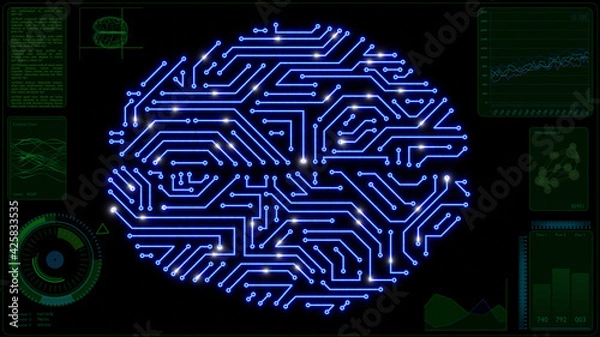 Fototapeta A display shows the monitoring of some parameters of an electronic brain where there are many electrical signals because of the synapses's communications.