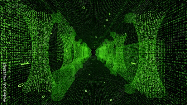 Fototapeta A tunnel composed from green digital bits of binary code 0 and 1 form digital structures, with some bits that flow away to the tunnel in a straight line.