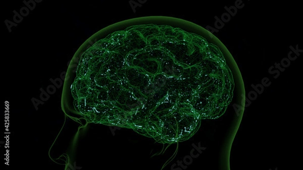 Fototapeta Close up of a virtual brain inside a green human head hologram that shows a simulation of brain activity as electrical signals.