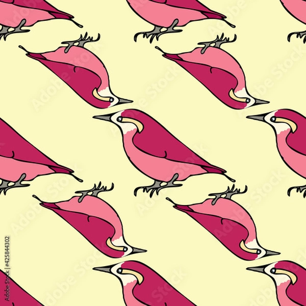 Fototapeta Vector pastel yellow background various red birds seamless pattern. Purple Finch, Seamless pattern background