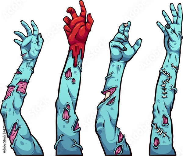 Fototapeta Zombie arms in different poses reaching up. Cartoon vector clip art illustration with simple gradients, each on a separate layer. 
