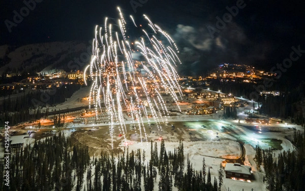 Fototapeta Aerial view of firework in the mountain resort