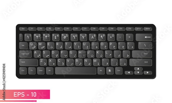 Fototapeta Arabic English keyboard in stylish black color with symbols on the keys. Realistic design. On a white background. Devices for the computer. Flat vector illustration.