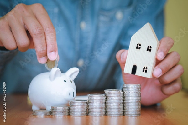 Obraz Business men put the coins into the white piggy bank and the coins stacks were lined up in front. The idea of ​​saving money to be used in the future. Financial and business concept