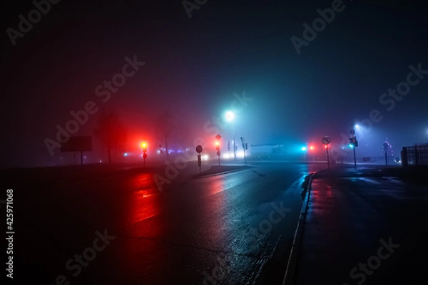 Obraz Night road in the city, cloudy weather, traffic lights, pedestrian crossing, fog (soft focus, bokeh)