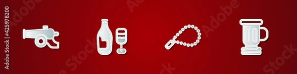 Obraz Set Ramadan cannon, Wine bottle with glass, Rosary beads religion and Medieval goblet icon. Vector
