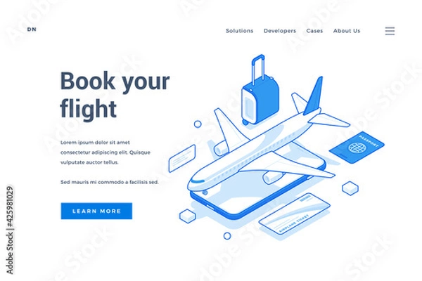 Fototapeta Vector banner of contemporary website with icons of mobile phone and airplane with tourist items offering information about booking flight. Isometric web banner, landing page template