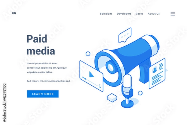 Fototapeta Modern website homepage with blue elements of megaphone and social media resources for paid media information presentation. Isometric web banner, landing page template