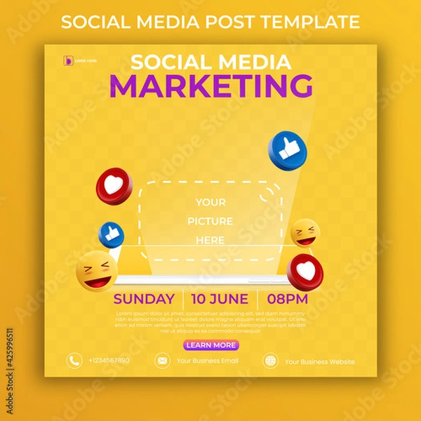 Fototapeta editable social media post template. 3D marketing banner ads with icon social media and realistic smartphone.