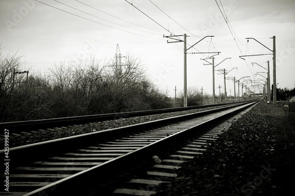 Fototapeta View of a railway in black and white