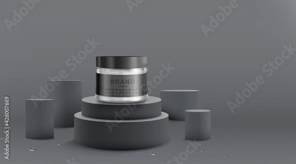 Fototapeta Cosmetic tube and realistic bottle at stage pedestal. Branding and packaging design template. vector illustration