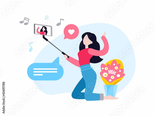 Fototapeta Vlogger shooting video. Female cartoon character video blogger holding smartphone on selfie stick and taking selfie with flowers on floor. Internet influencer, fashion model. Flat vector illustration