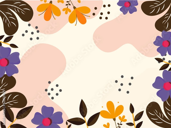 Fototapeta Colorful Flowers With Leaves Decorated Border On Background And Space For Text.