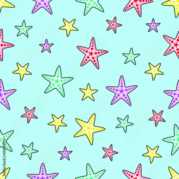Fototapeta Seamless summer pattern of starfish. Elements on a light blue background.
