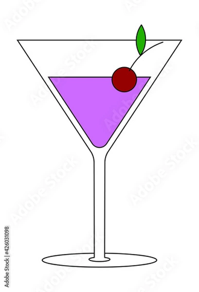Fototapeta Simple vector illustration of glass with pink cocktail and red cherry with green leaf. The element is isolated on a white background. Can be used as a sticker, icon, logo.
