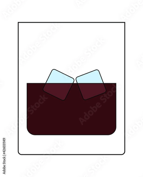 Fototapeta Simple vector illustration of a glass of whiskey, brandy, brown color with blue ice cubes. The element is isolated on a white background. Can be used as a sticker, icon, logo.