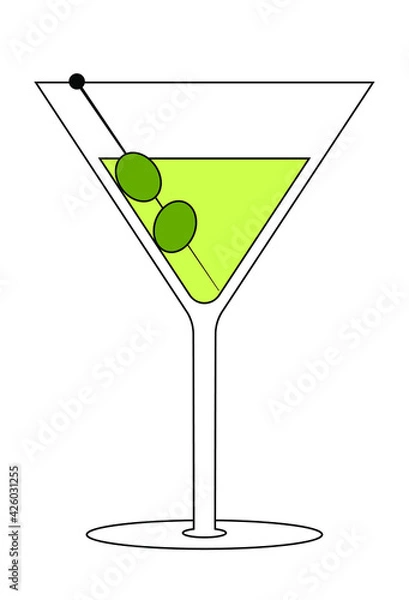 Fototapeta Simple vector illustration of a glass with a green cocktail and olives on a skewer. The element is isolated on a white background. Can be used as a sticker, icon, logo.