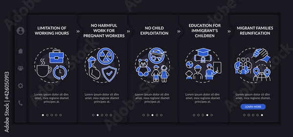 Fototapeta Immigrants rights onboarding vector template. Responsive mobile website with icons. Web page walkthrough 5 step screens. Legal foreign workers dark mode concept with linear illustrations