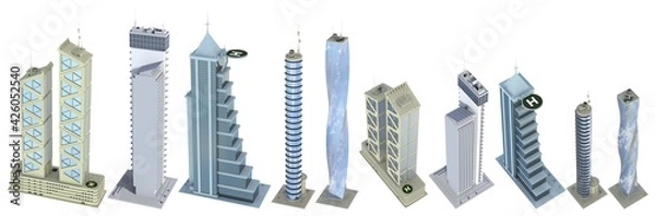 Fototapeta 10 birds eye view high detailed renders of fictional design city houses with blue cloudy sky reflections - isolated, 3d illustration of architecture