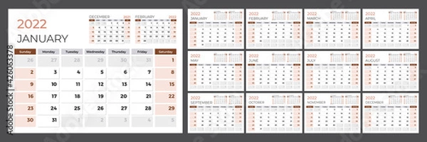 Obraz Calendar for 2022. Week starts on Sunday. Set of 12 month pages. Vector design template.