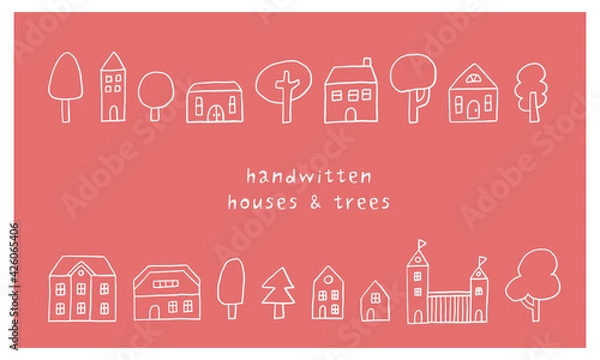 Fototapeta 小さな可愛い家と木がある手書き風の街並み（ピンク）