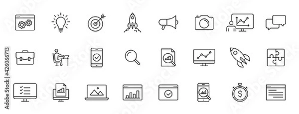Fototapeta Set of 24 Web development web icons in line style. Marketing, analytics, e-commerce, digital, management, seo. Vector illustration.
