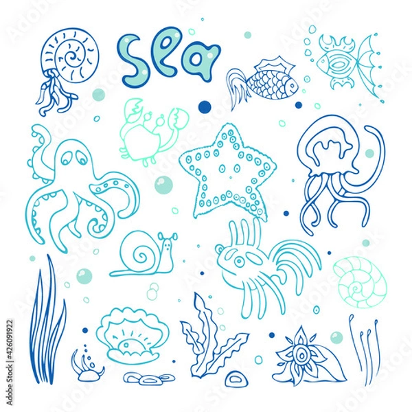 Fototapeta Set of sea animals. Doodle style. Colors of blue. For textile, fabric, clothes, seafood restaurant. Eps10, vector.