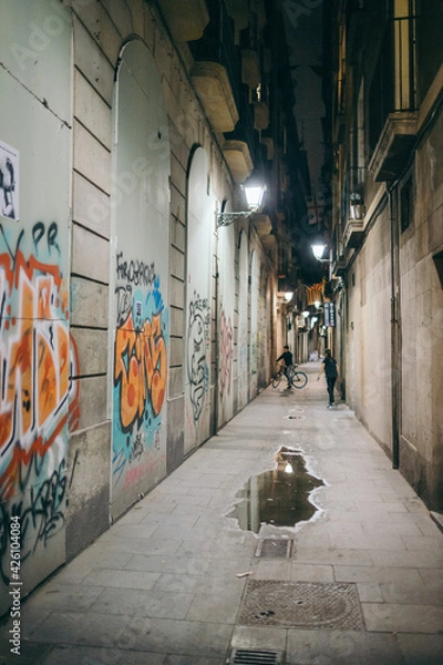 Fototapeta A narrow hallway with graffiti on the side of a building