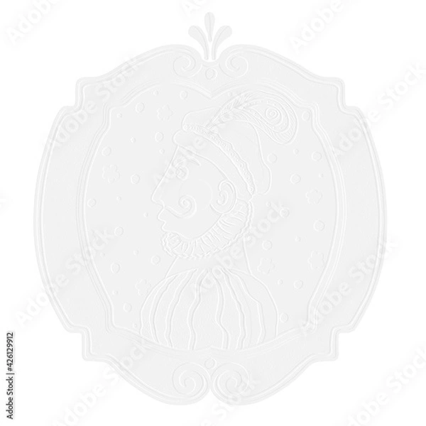 Fototapeta White embossing. Raster illustration of portrait cartoon funny man in oval frame. Portrait of a man in a historical costume