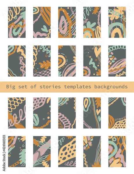 Fototapeta Big set of editable template for stories. Modern abstract cover design for social media, flyers, card. Concept geometric shapes background in trendy colors. Colorful vector illustration