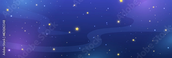 Obraz Night sky background with shiny stars. Blue galaxy long banner. Cosmos backdrop. Space texture. Magic light pattern. Universe template. Vector illustration