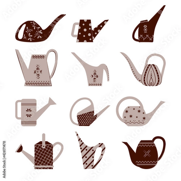Obraz Set of garden watering cans. Bright watering cans with patterns.