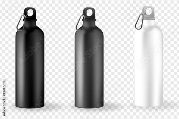 Fototapeta Plastic bottle glossy metal water bottle. Mockup set of plastic blank sport bottles realistic style. Front view. Vector 3d illustration.