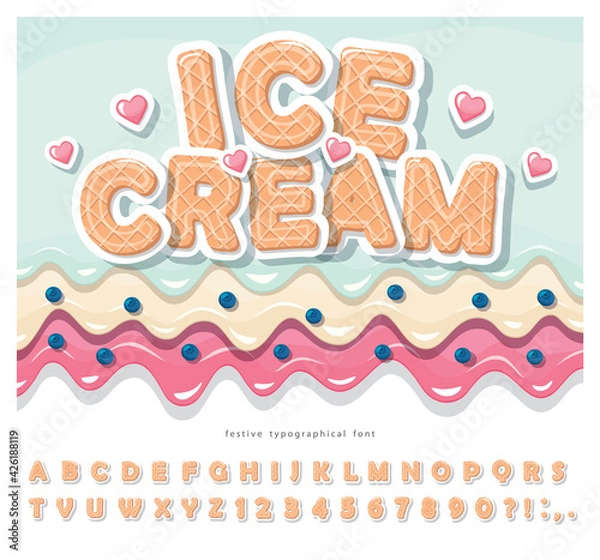 Fototapeta Ice cream wafer font. Cute cartoon alphabet. Paper cut out sweet letters and numbers. For birthday, baby shower, valentine, sweets shop. Vector
