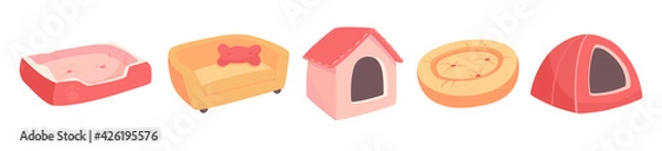 Fototapeta A set of beds for a pet, dog or cat. Flat vector illustration of goods for animals. Objects isolated on white background, cartoon style. Turquoise, yellow, red, pink colors