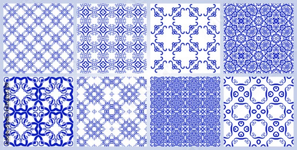 Fototapeta Abstract fantasy thin line hexagon, triangle geometric seamless pattern set. Creative mosaic, tile backgrounds.