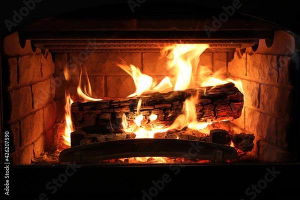 Fototapeta Closeup of a log burning in a fireplace