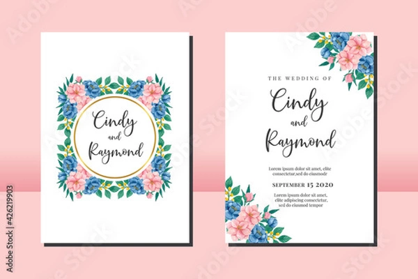 Obraz Floral Frame Wedding invitation set, floral watercolor hand drawn Peony and Magnolia Flower design Invitation Card Template