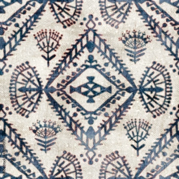 Fototapeta Seamless grungy tribal ethnic rug motif pattern. High quality illustration. Distressed old looking native style design in shades of gray and cream. Old artisan textile seamless pattern.