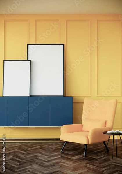 Fototapeta vertical picture frames mock up in modern living room interior with armchairs and table with wooden floor and yellow wall, 3d rendering	